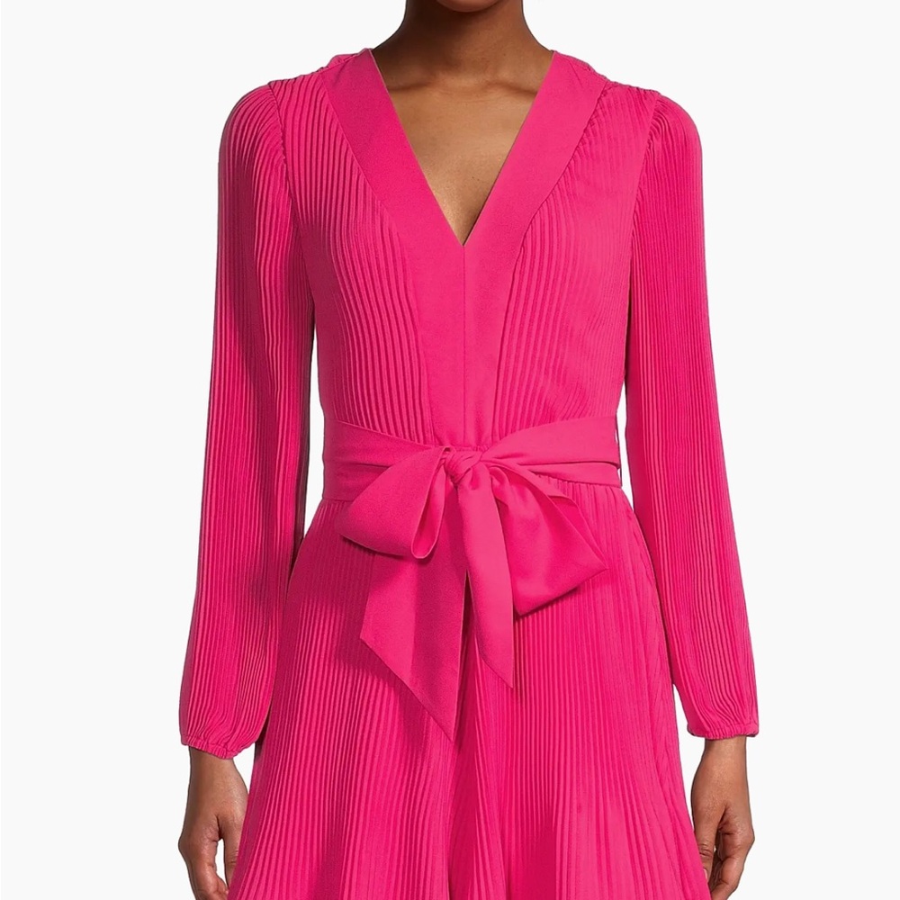 Milly Hot Pink Long-Sleeve Pleated Wrap Dress